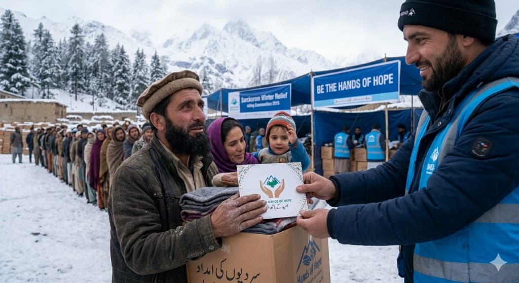 Charity volunteer handing winter relief supplies to a family