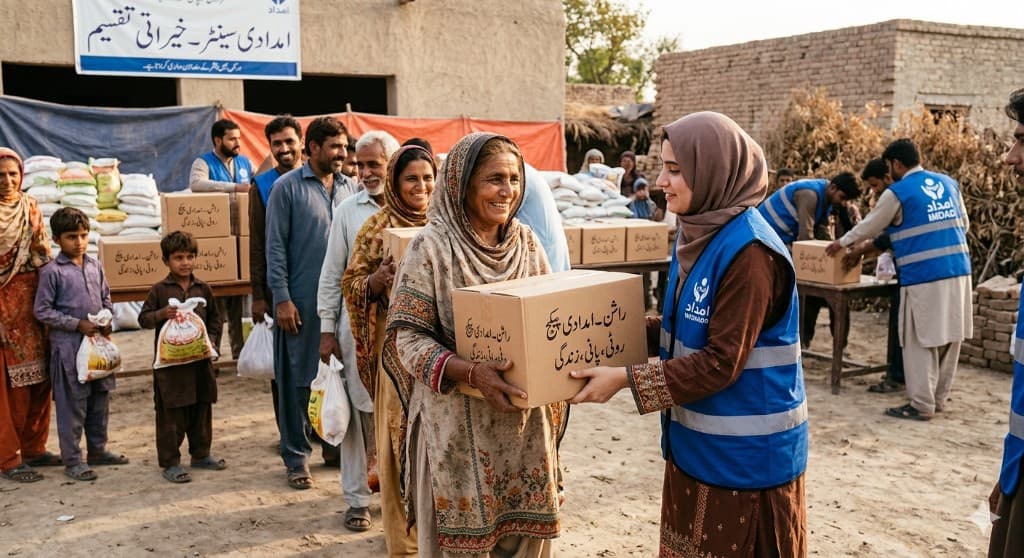 Volunteers distributing ration aid packages to families in need
